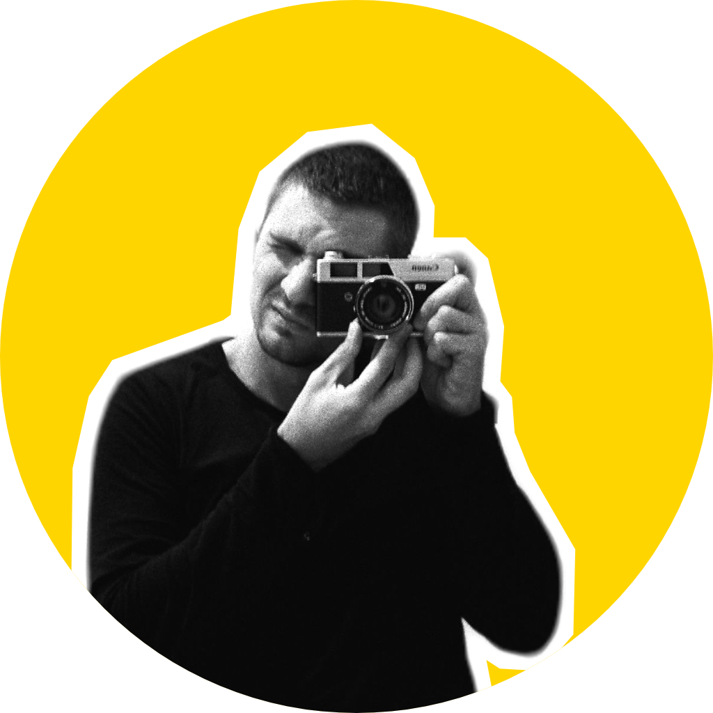 Black and white self-portrait image of a Co-Founder of Nar Agency, against a yellow circle.