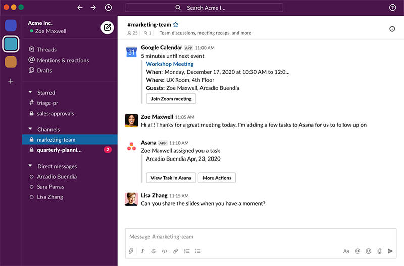 Slack Dashboard with chat channels and team members