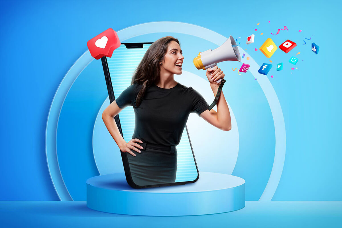 Woman with megaphone jumping from mobile, representing dynamic Referral, Affiliate, and Influencer Marketing.