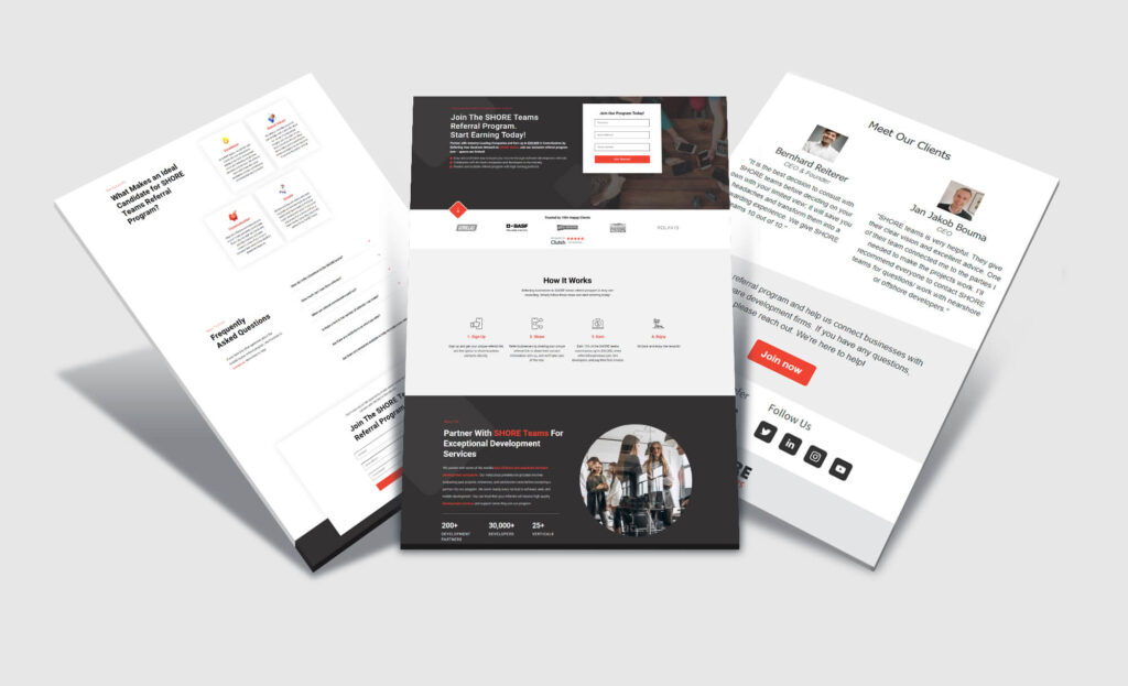 Complete landing page design for referral marketing program on three cards.