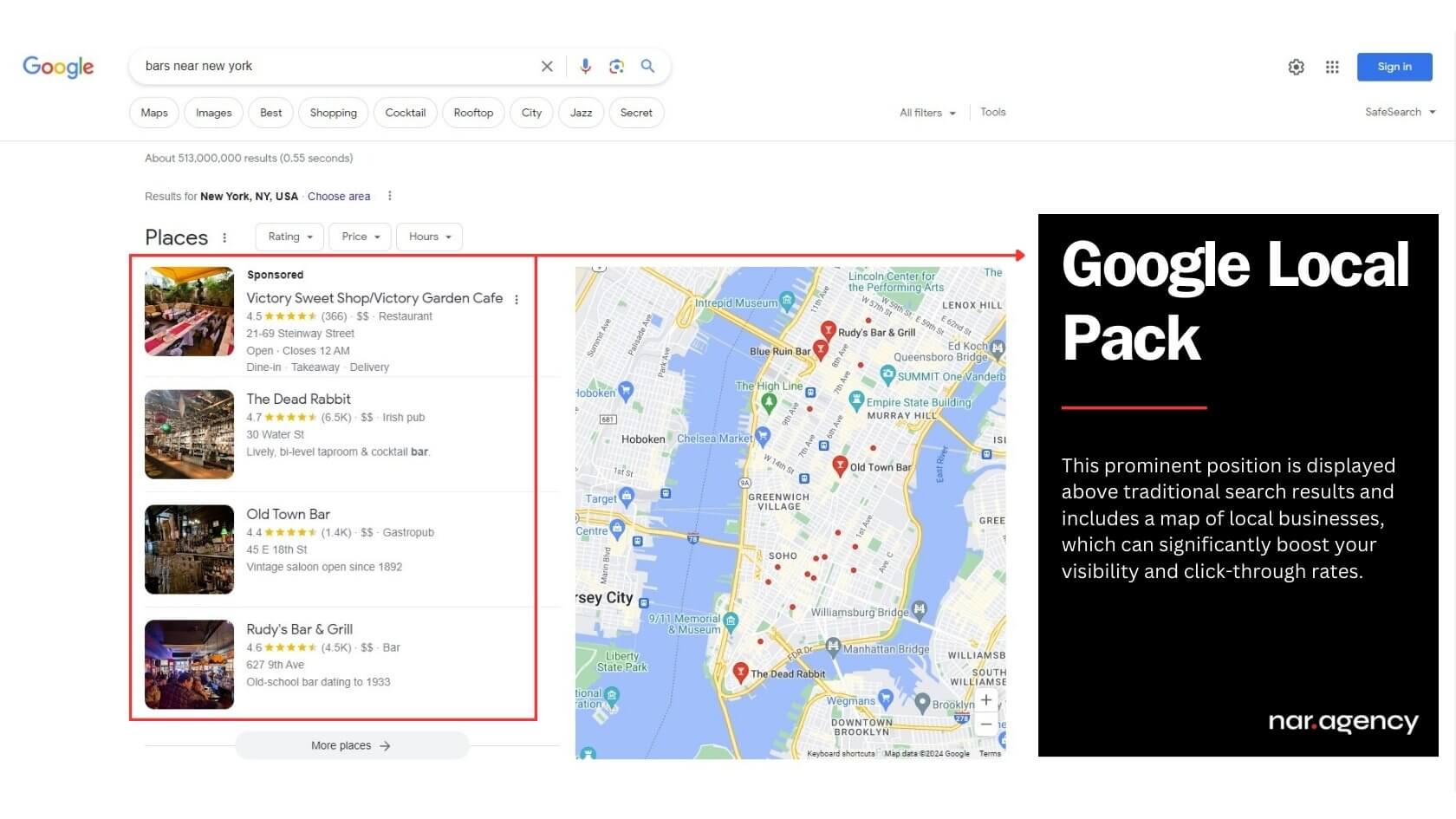 Google Local Pack search results next to a Google Map, showcasing local business visibility.
