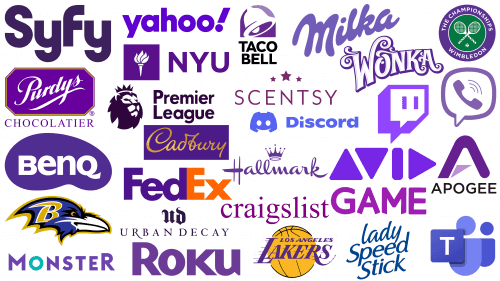 Aggregation of famous purple logos symbolizing luxury, creativity, and mystery.