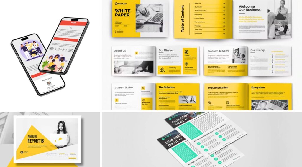 Collage of marketing collaterals including email templates, brochures, and annual reports designed by Nar Agency.