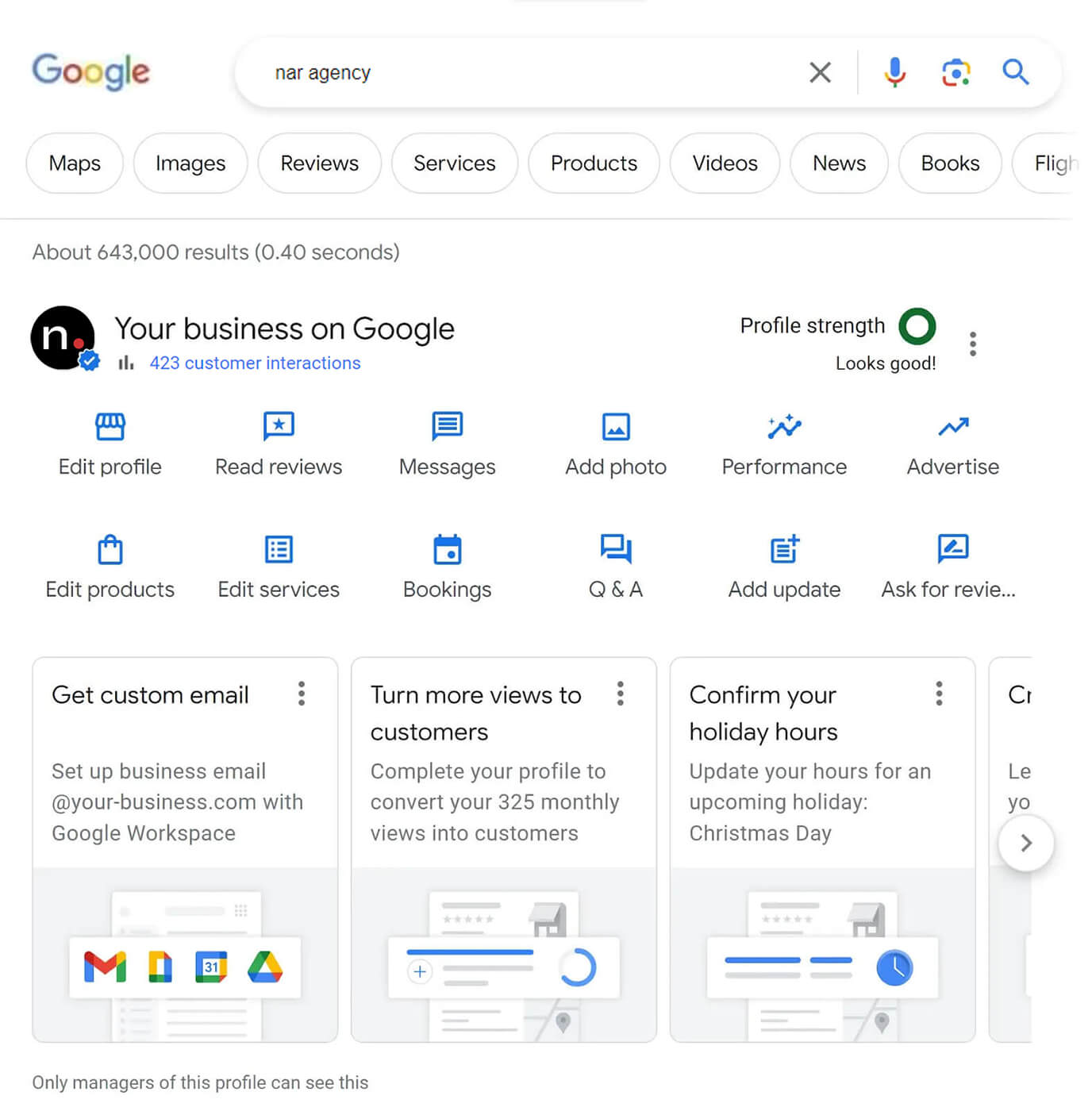 Screenshot of the Google My Business homepage, showcasing tools for enhancing business profiles.