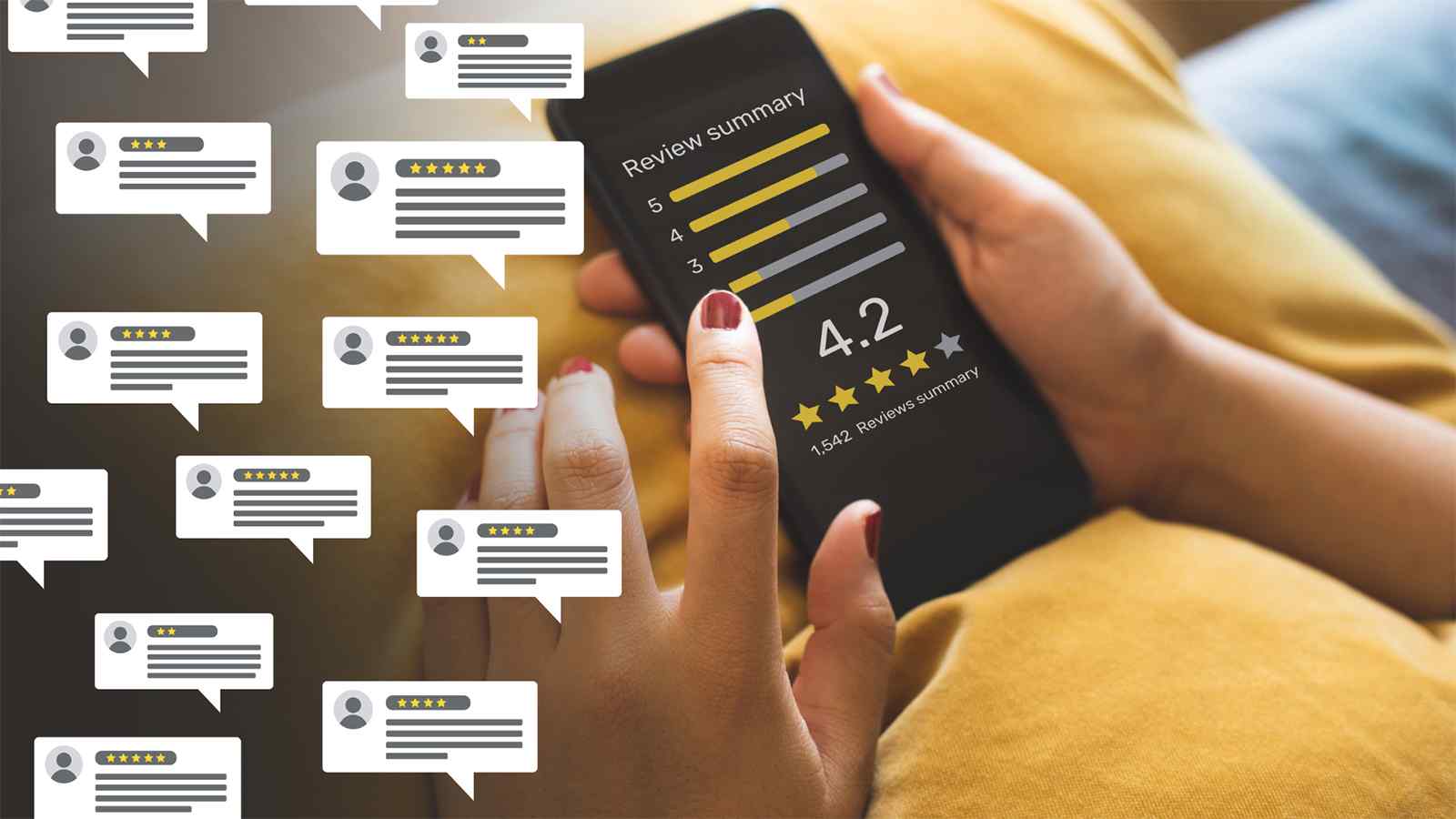 Close-up of a woman viewing Google My Business customer reviews on a mobile phone, surrounded by graphic concept of online reviews and stars.