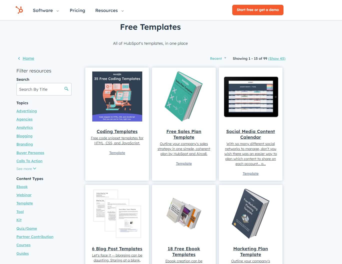 Screenshot of HubSpot Templates webpage, offering valuable content marketing resources.