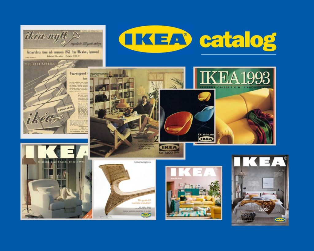 Collage of IKEA catalog covers from 1950 to 2021 showcasing the brand's evolution.