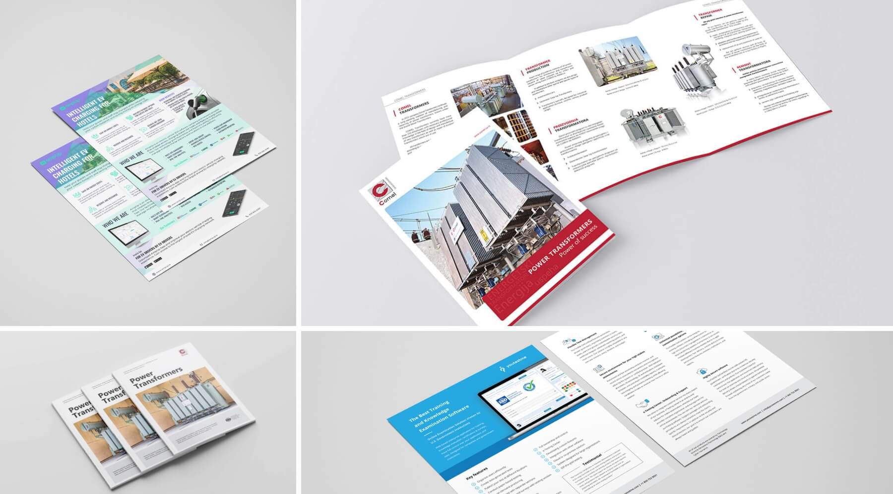 Collection of marketing collateral designed by Nar Agency, including flyers, brochures, catalogs, and one-pagers.
