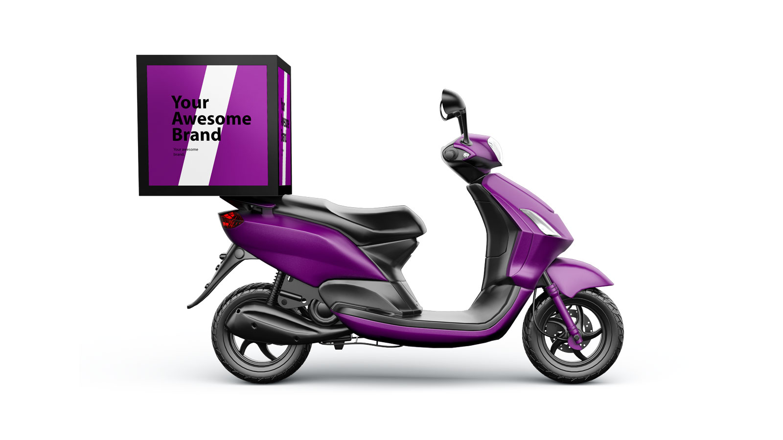 Branded purple delivery scooter with a delivery box, showcasing unique small business branding.