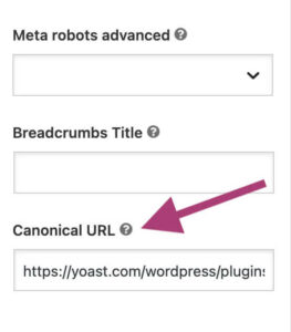Screenshot showing the canonical URL setting in the Yoast SEO plugin interface.
