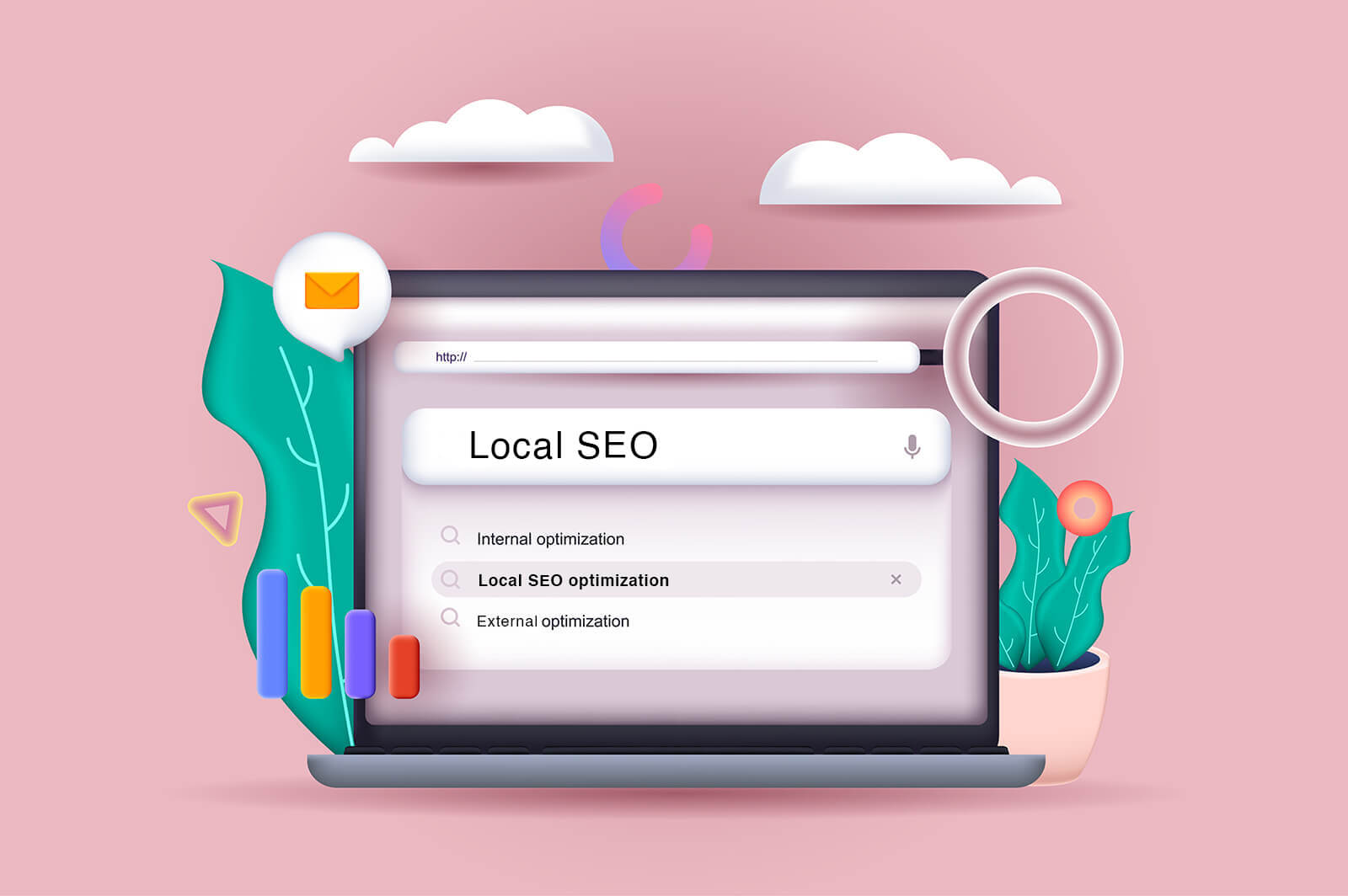 Illustrated browser window with 'Local SEO for startups' search bar, symbolizing the importance of location-based optimization.