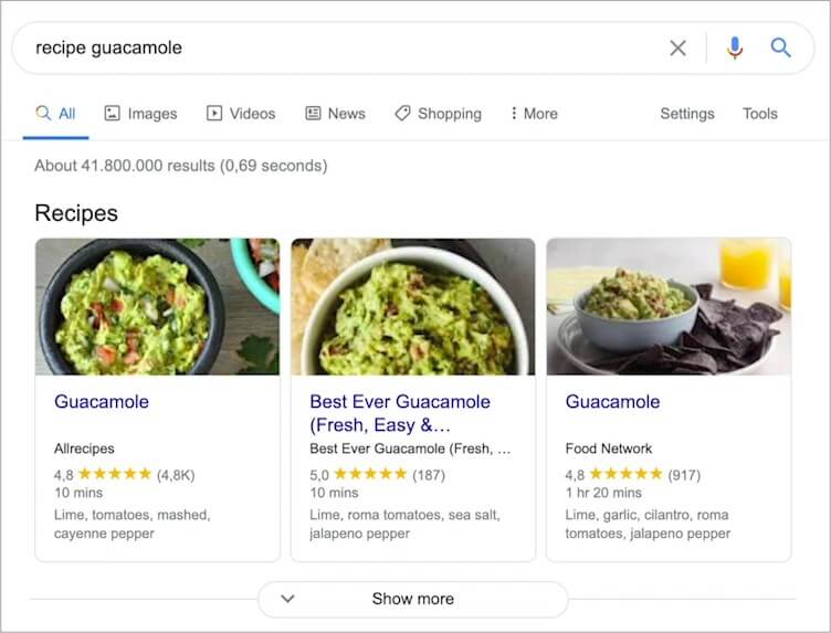 Google search results showcasing rich snippets for guacamole recipes with ratings and preparation time.