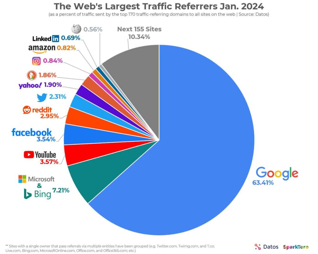 Pie chart showing Google as the dominant source among the web's largest traffic referrers in January 2024.