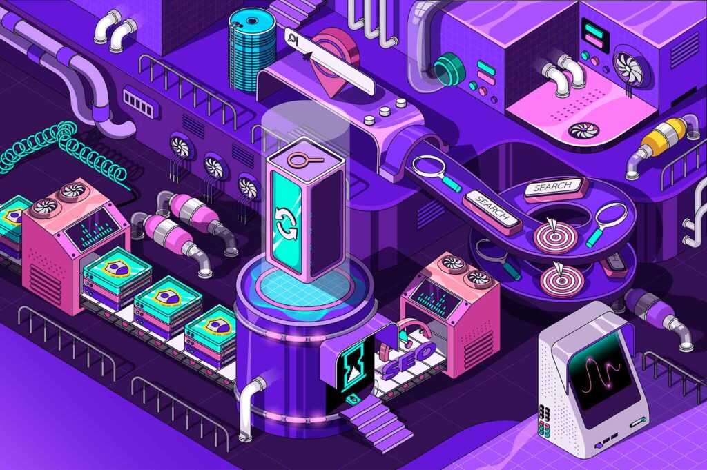 Isometric illustration of a futuristic SEO for startups data processing center with vibrant purple hues and technological devices.