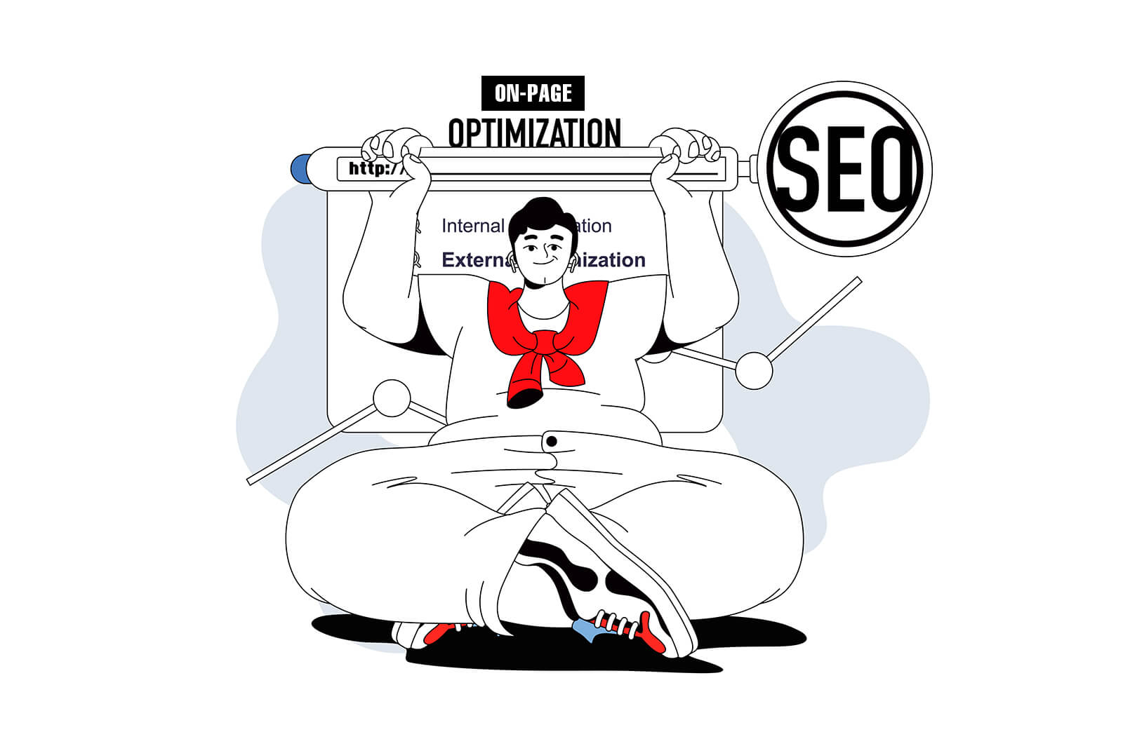 Illustration of a person balancing the elements of on-page SEO for startups, with a focus on internal and external optimization.