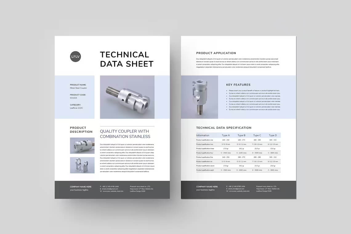 Two nicely designed product data sheets showcasing detailed product information.