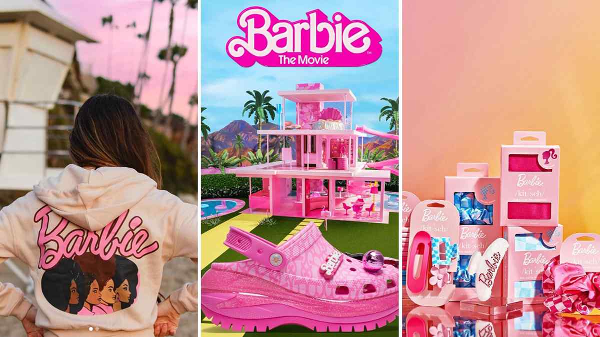 Brand collaborations: Barbie movie merchandise featuring hoodie, doll house, and accessories