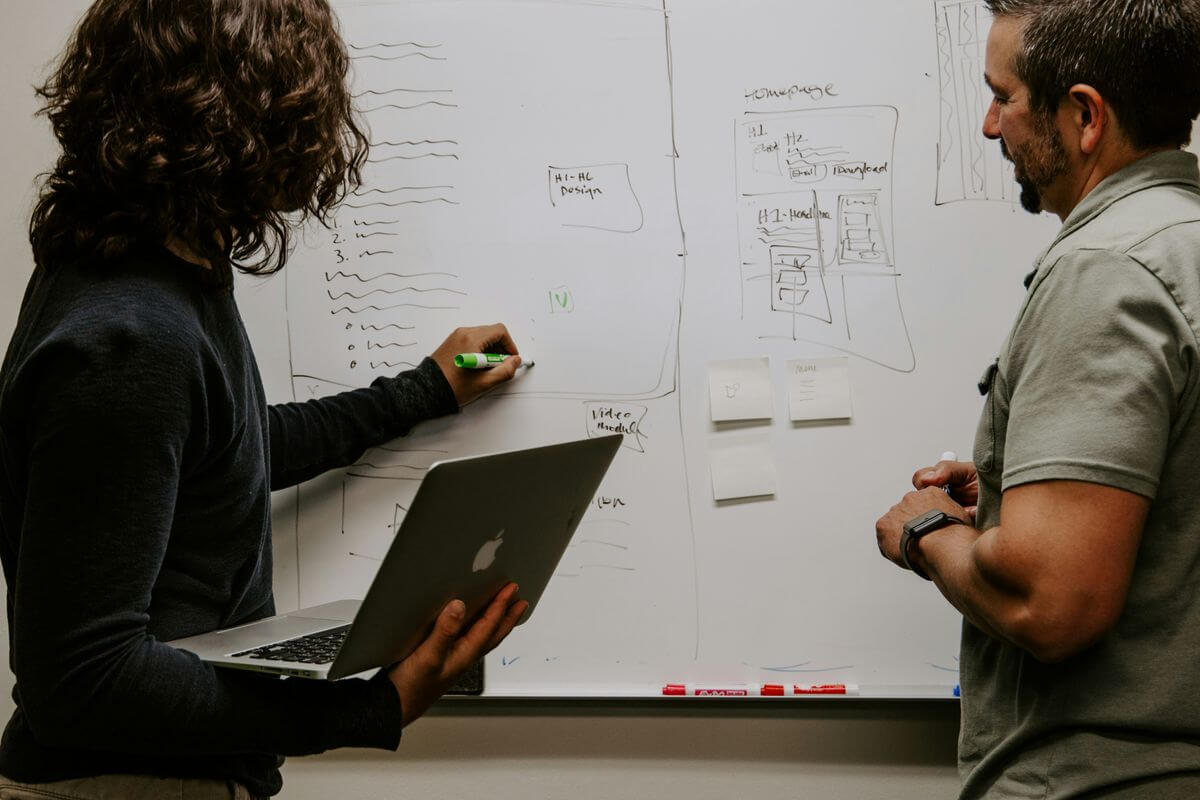 Two people collaborating on a whiteboard, planning a referral program strategy