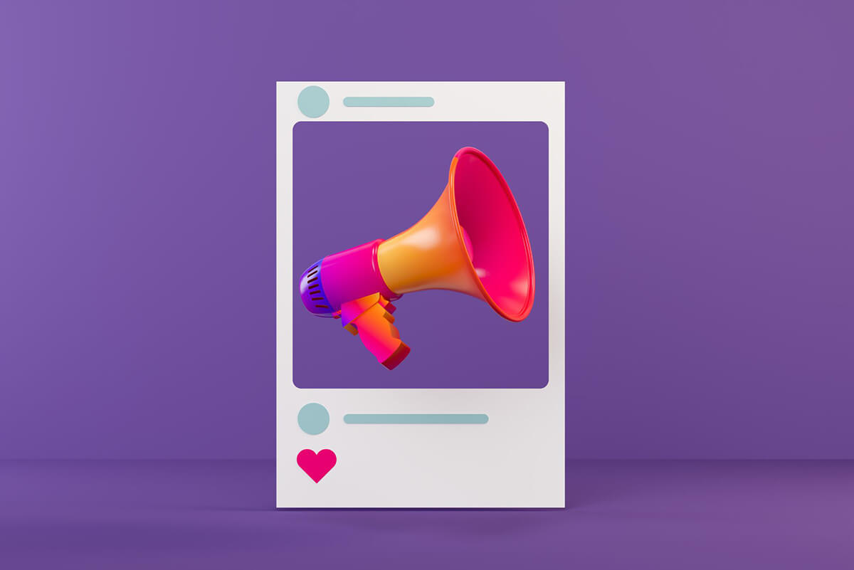 Colorful megaphone in social media post frame