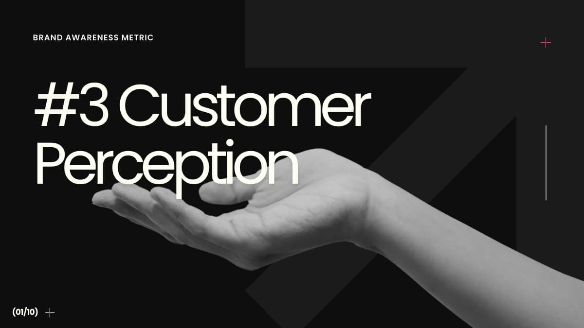 Open hand gesture on black background with "Customer Perception" text overlay. Customer Perception is one of the three main brand awareness metrics.