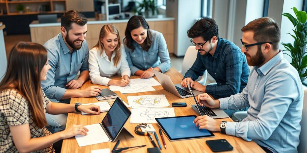 Design team collaborating around a table with laptops and sketches, defining key principles of effective digital product design.