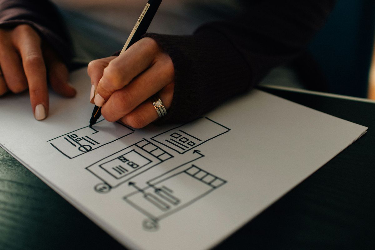 Person illustrating wireframe designs on paper. Wireframing is crucial part of any digital product design development.