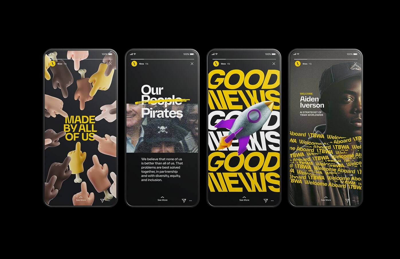 Mobile phones with modern typeface and typography design elements on them. Par of new branding project for TBWA marketing agency. The image shows the digital product design trends for 2025.