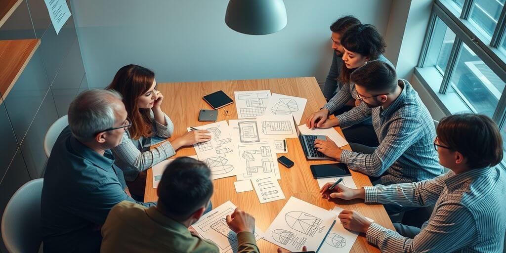 Group of UX specialists collaborating with devices and design sketches, on user research for better digital product design.