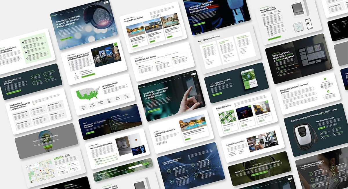 Full-service digital marketing case study: Greenlogic website mockups and UI elements showcase comprehensive strategy.