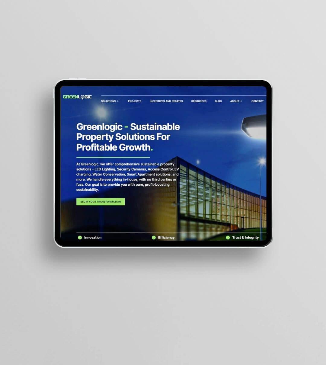 Full-service digital marketing case study: Greenlogic's sustainable property solutions website homepage on tablet