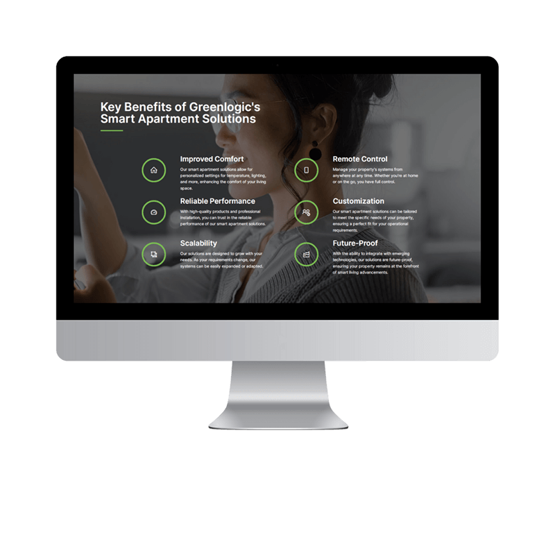 Section of the greenlogic website design "key benefits of smart apartment solutions". The website design is part of Nar Digital Agency full-service digital marketing case study.