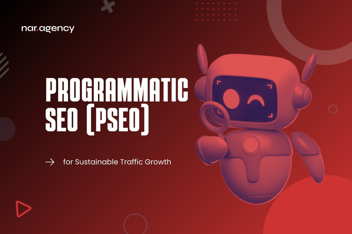 3D robot graphic, looking through he magnifying glass. Concept image for programmatic SEO (pSEO), part of growth marketing essentials in 2025.