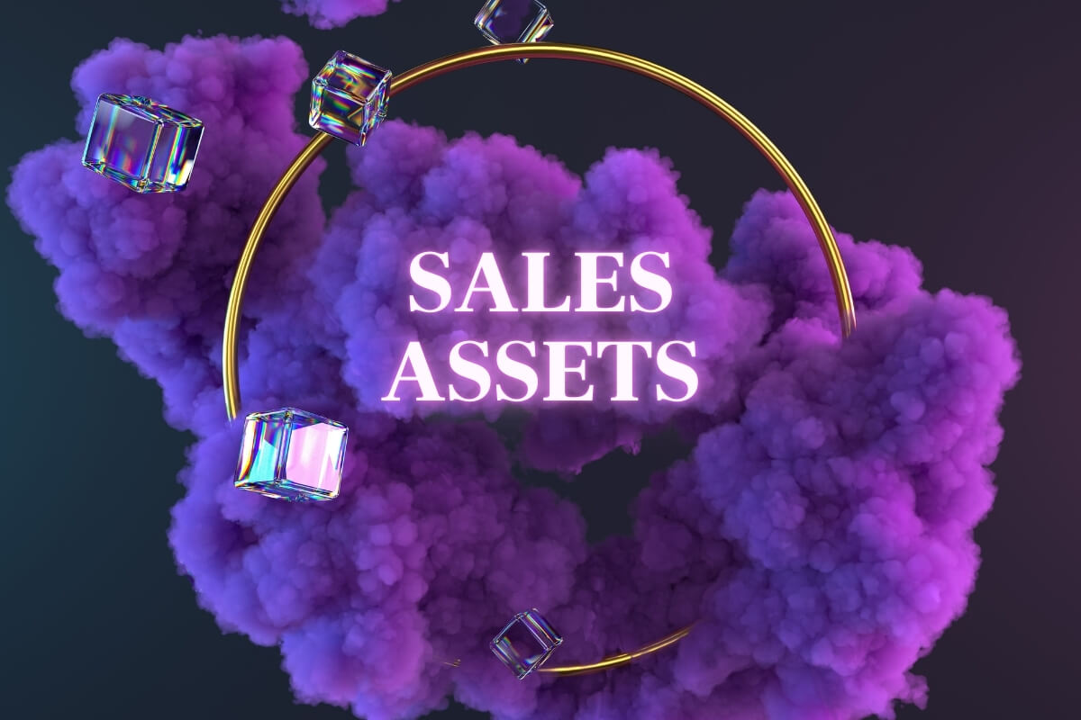 3D image of purple smoke and gold and crystal elements, against dark bg. Concept image for Sales Assets every business needs to develop in 2025, as part of their growth marketing strategy.